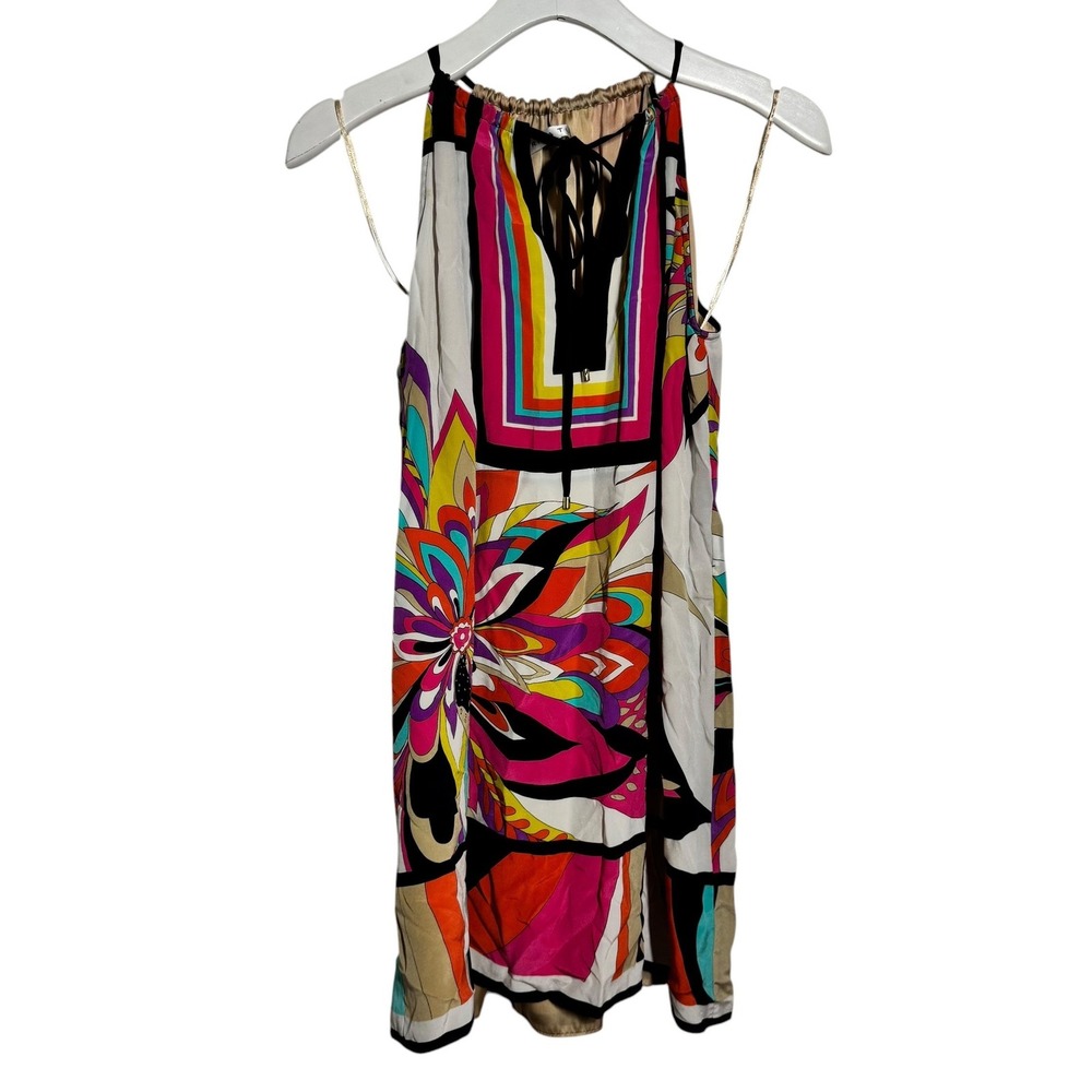 Trina Turk 100% Silk Halter Mini‎ Dress Floral Psychedelic Multi Color Resort S